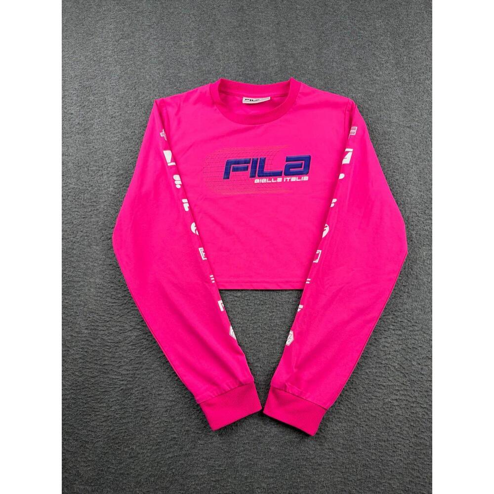FILA Women's Large Luigia Long-Sleeve Crop Tee Hot Pink‎ Logo Taping Athleisure